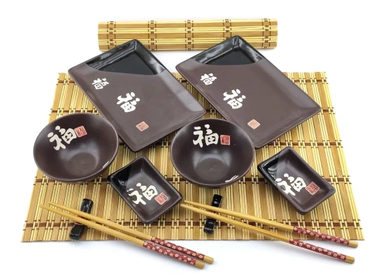 Сервиз для суши «Иероглифы на шоколадном фоне» (2 персоны) (39×27.5×5.5 см) купить в интернет магазине подарков ПраздникШоп