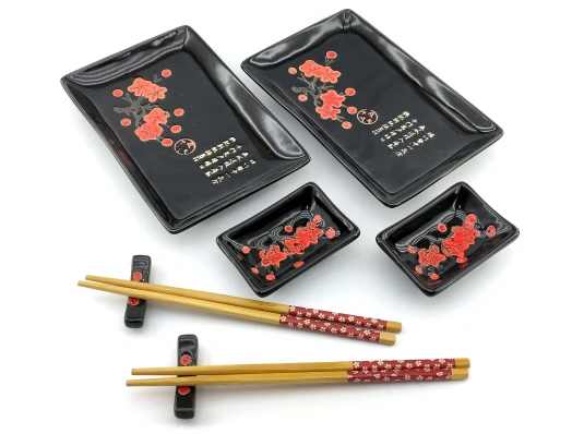 Сервиз для суши «Красная сакура на черном фоне» (2 персоны) (28×28.3×3.5 см) купить в интернет магазине подарков ПраздникШоп