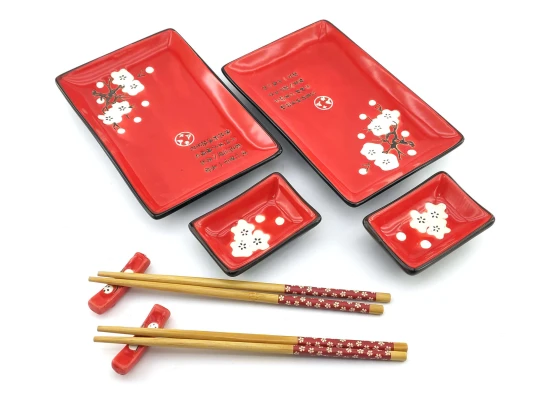 Сервиз для суши «Белая сакура на красном фоне» (2 персоны) (28×28.3×3.5 см) купить в интернет магазине подарков ПраздникШоп