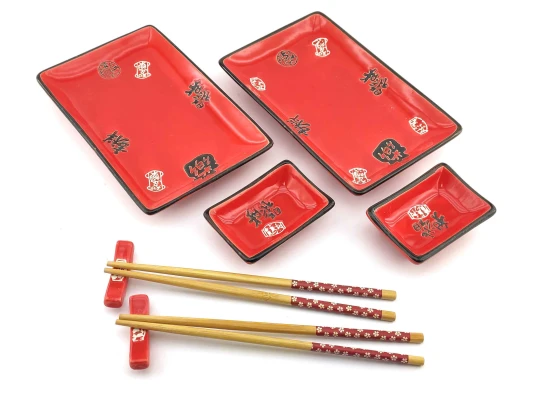 Сервиз для суши «Иероглифы на красном фоне» (2 персоны) (28×28.3×3.5 см) купить в интернет магазине подарков ПраздникШоп