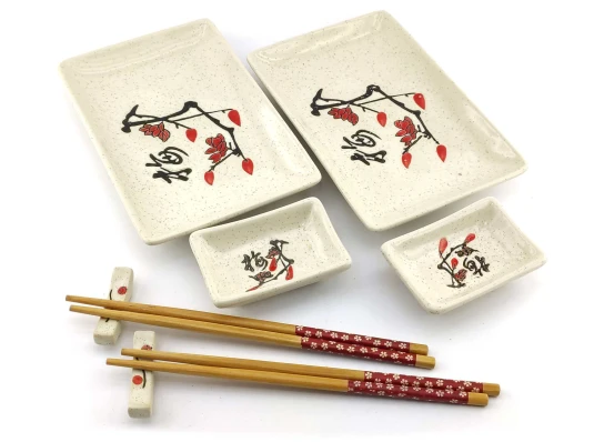 Сервиз для суши «Сакура с иероглифом» (2 персоны) (28×28.3×3.5 см) купить в интернет магазине подарков ПраздникШоп