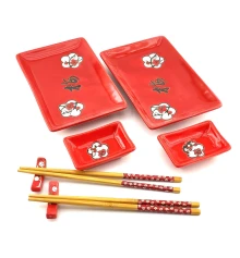 Сервиз для суши «Цветы сакуры с иероглифом на красном фоне» (2 персоны) (28×28.3×3.5 см) купить в интернет магазине подарков ПраздникШоп