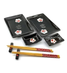 Сервиз для суши «Цветы сакуры с иероглифом на черном фоне» (2 персоны) (28×28.3×3.5 см) купить в интернет магазине подарков ПраздникШоп