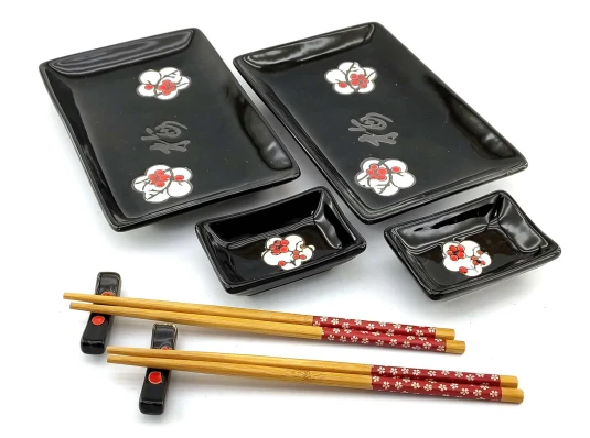 Сервиз для суши «Цветы сакуры с иероглифом на черном фоне» (2 персоны) (28×28.3×3.5 см) купить в интернет магазине подарков ПраздникШоп