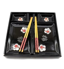 Сервиз для суши «Цветы сакуры с иероглифом на черном фоне» (2 персоны) (28×28.3×3.5 см) купить в интернет магазине подарков ПраздникШоп