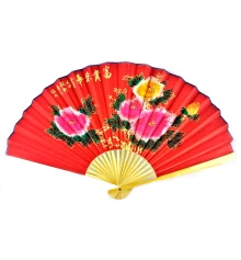 Веер бамбук с шелком «Пионы на красном фоне» купить в интернет магазине подарков ПраздникШоп