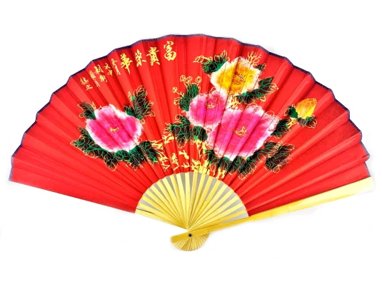 Веер бамбук с шелком «Пионы на красном фоне» купить в интернет магазине подарков ПраздникШоп