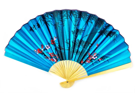Веер бамбук с шелком «Сакура и бамбук на синем фоне» купить в интернет магазине подарков ПраздникШоп
