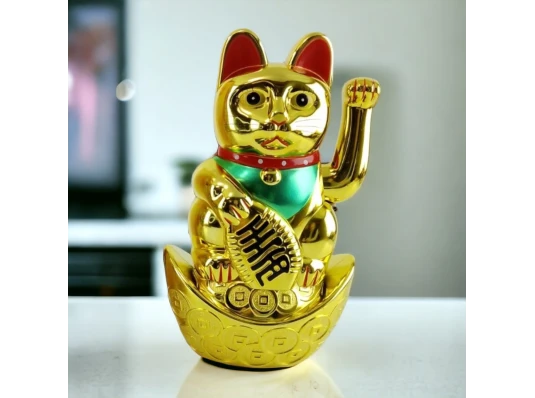 Кошка Манэки-нэко машущая лапой на чаше богатства (21×12.7×9 см) купить в интернет магазине подарков ПраздникШоп