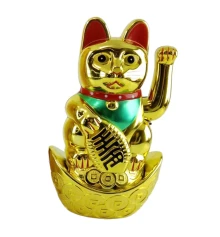 Кошка Манэки-нэко машущая лапой на чаше богатства (21×12.7×9 см) купить в интернет магазине подарков ПраздникШоп