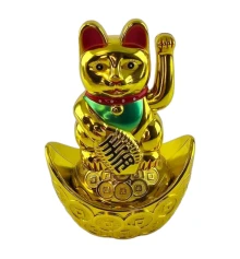 Кошка Манэки-нэко машущая лапой на чаше богатства (13.5×9.5×6.5 см) купить в интернет магазине подарков ПраздникШоп