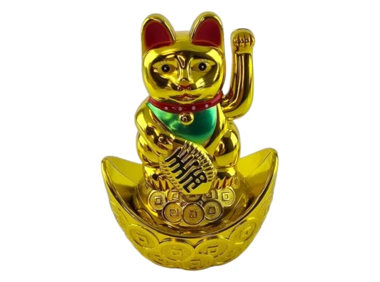 Кошка Манэки-нэко машущая лапой на чаше богатства (13.5×9.5×6.5 см) купить в интернет магазине подарков ПраздникШоп
