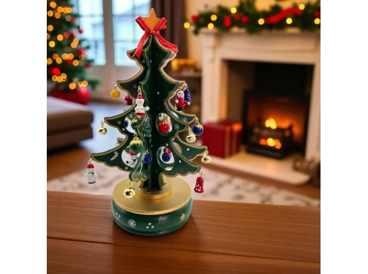 Ёлка деревянная музыкальная настольная с мини-игрушками (27×15×15 см) купить в интернет магазине подарков ПраздникШоп