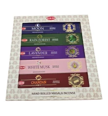 Набор благовоний HEM Masala 5 ароматов по 15 г Moon Rain Forest Lavender White Musk Chandan купить в интернет магазине подарков ПраздникШоп