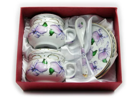 Сервиз фарфор (190мл) (2GBC-A1093SP) 2чашки+2блюдца+2ложки «Цветы на белом фоне» (h-6 см купить в интернет магазине подарков ПраздникШоп