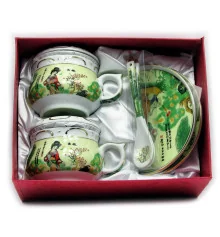 Сервиз фарфор (190мл) (2GBC-A77SP) 2чашки+2блюдца+2ложки «Девушка на салатном фоне» (h-6 см купить в интернет магазине подарков ПраздникШоп