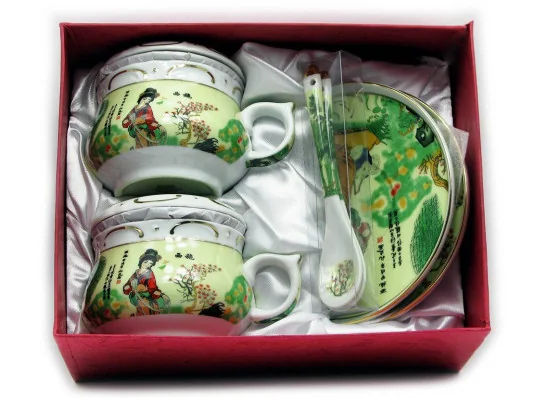 Сервиз фарфор (190мл) (2GBC-A77SP) 2чашки+2блюдца+2ложки «Девушка на салатном фоне» (h-6 см купить в интернет магазине подарков ПраздникШоп