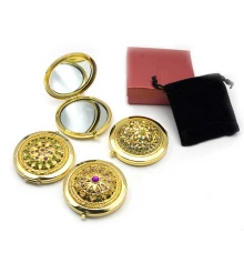 Зеркальце косметическое «Узор с камнями» золото (d-7 см) (в коробке + чехольчик) купить в интернет магазине подарков ПраздникШоп
