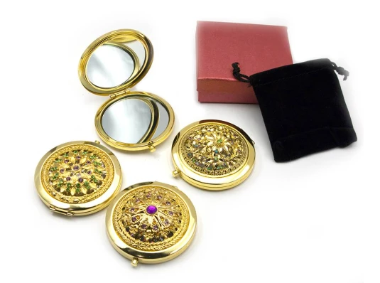Зеркальце косметическое «Узор с камнями» золото (d-7 см) (в коробке + чехольчик) купить в интернет магазине подарков ПраздникШоп