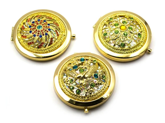 Зеркальце косметическое «Узор с камнями» золото (d-7 см) (в коробке + чехольчик) купить в интернет магазине подарков ПраздникШоп