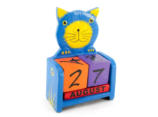 Вечный календарь «Кот» дерево синий (15×10×5 см) купить в интернет магазине подарков ПраздникШоп
