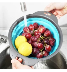 Дуршлаг силиконовый складной с ручками круглый синий (300×240×175 мм) купить в интернет магазине подарков ПраздникШоп