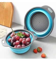 Дуршлаг силиконовый складной с ручками круглый синий (300×240×175 мм) купить в интернет магазине подарков ПраздникШоп