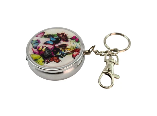 Пепельница-брелок карманная с рисунком металл «Череп с бабочками» (d-5 h-1.7 см) купить в интернет магазине подарков ПраздникШоп