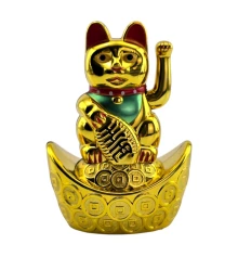Кошка Манэки-нэко машущая лапой на чаше богатства (9.7×7×4.8 см) купить в интернет магазине подарков ПраздникШоп