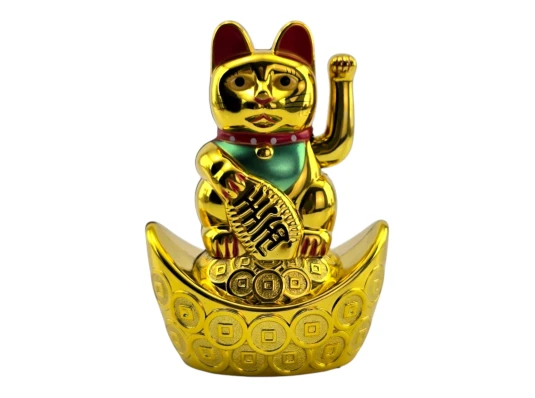 Кошка Манэки-нэко машущая лапой на чаше богатства (9.7×7×4.8 см) купить в интернет магазине подарков ПраздникШоп