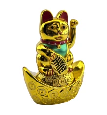 Кошка Манэки-нэко машущая лапой на чаше богатства (9.7×7×4.8 см) купить в интернет магазине подарков ПраздникШоп