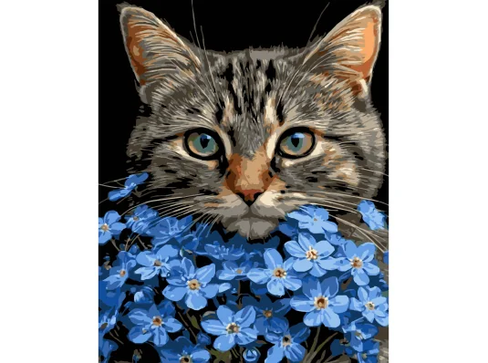Картина по номерам Кот среди голубых цветов на черном фоне 40Х50 (AH1273) купить в интернет магазине подарков ПраздникШоп
