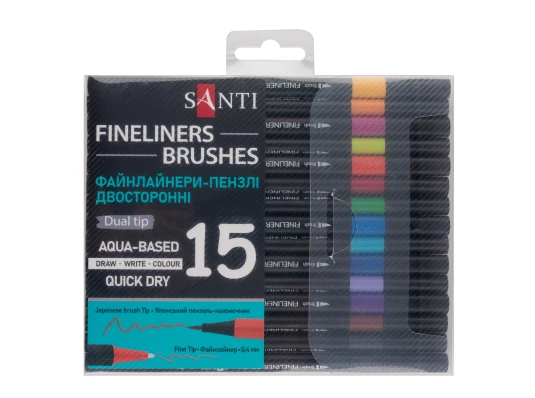 Набор файнлайнеров-кистей SANTI 15 цветов двусторонние купить в интернет магазине подарков ПраздникШоп