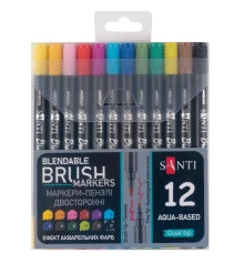 Набор маркеров акварельных SANTI Brush Marker 12 шт/уп двусторонние купить в интернет магазине подарков ПраздникШоп