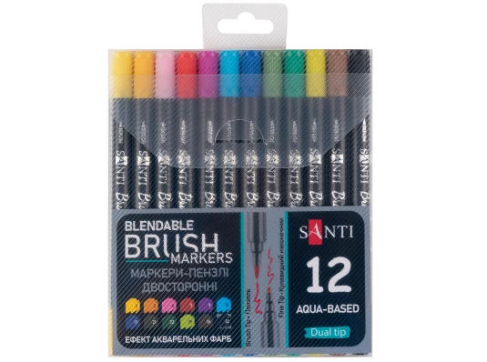 Набор маркеров акварельных SANTI Brush Marker 12 шт/уп двусторонние купить в интернет магазине подарков ПраздникШоп