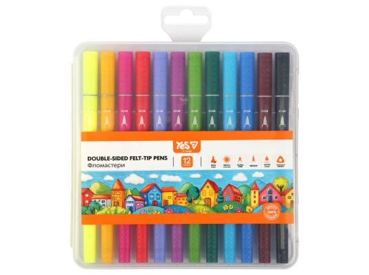 Фломастеры двусторонние Yes Orange Line 12 цветов купить в интернет магазине подарков ПраздникШоп
