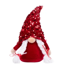 Новогодняя мягкая игрушка Novogod‘ko Гном Девочка красная пайетка 29см LED нос купить в интернет магазине подарков ПраздникШоп