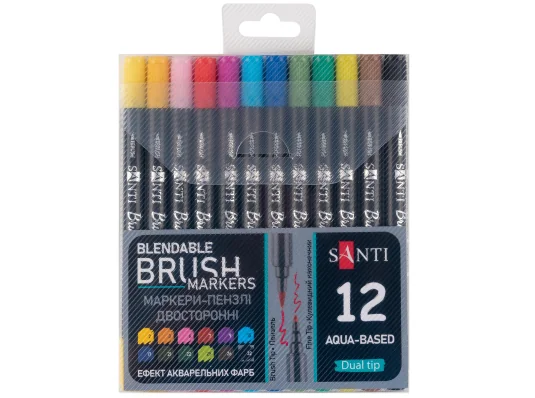 Набор маркеров акварельных SANTI Brush Marker 12 шт/уп двусторонние купить в интернет магазине подарков ПраздникШоп