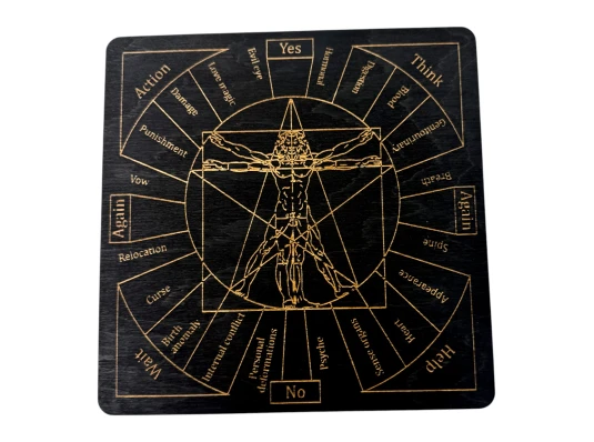 Таблица для работы с маятником «Магические воздействия» темная на английском языке (18×18×0.4 см) купить в интернет магазине подарков ПраздникШоп