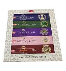 Набор благовоний HEM Masala 5 ароматов по 15 г Moon Rain Forest Lavender White Musk Chandan купить в интернет магазине подарков ПраздникШоп