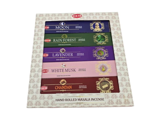 Набор благовоний HEM Masala 5 ароматов по 15 г Moon Rain Forest Lavender White Musk Chandan купить в интернет магазине подарков ПраздникШоп