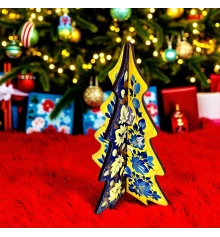 Новогодняя елка «Цветочные узоры» желто-синяя (18×12×0.4 см).Деревяная елочка купить в интернет магазине подарков ПраздникШоп