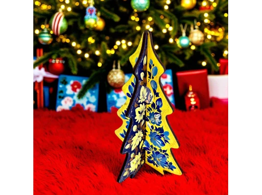 Новогодняя елка «Цветочные узоры» желто-синяя (18×12×0.4 см).Деревяная елочка купить в интернет магазине подарков ПраздникШоп