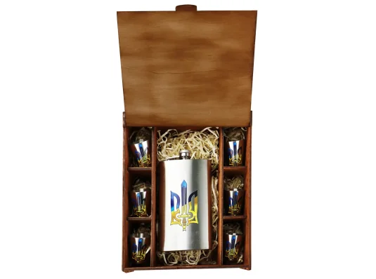 Набір подарунковий у коробці "Тризуб" (Фляга 10 OZ+ 6 чарок) купить в интернет магазине подарков ПраздникШоп